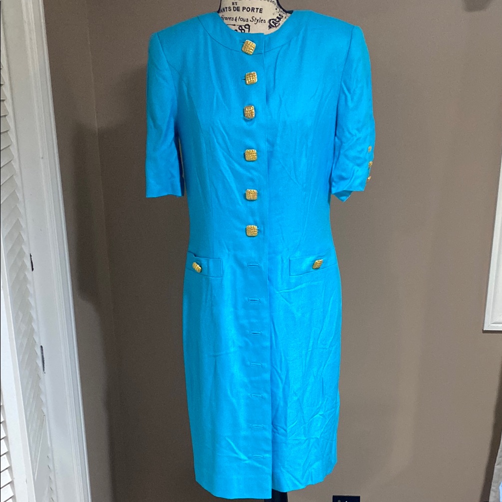 Louis Feraud Vintage Elegant Blue Dress With Gold Accents